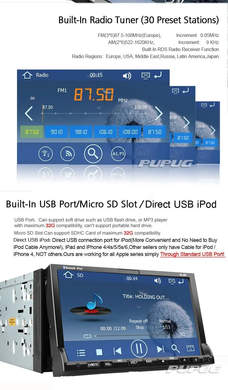 Perfect Pupug 7-Inch Touch Screen Built-in Bluetooth Mic Car Stereo DVD Player with GPS IPOD, Remote Control and Accessories 5
