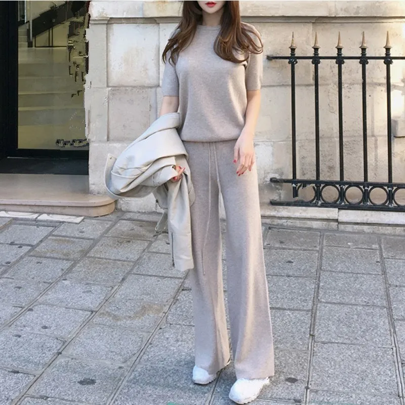 

2018 Soft Short Sleeve Top Cashmere Pants Two Pieces Sets Wide Leg Pants Knitted Sets Solid Casual Loose Suits Female