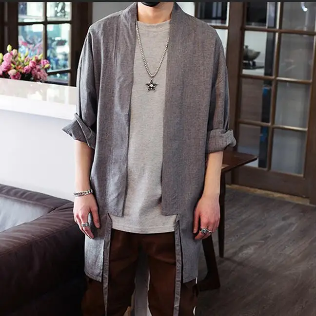 Мужская винтажная рубашка средней длины в китайском стиле, тонкая рубашка с длинными рукавами, свободная Мужская длинная верхняя одежда - Цвет: gray