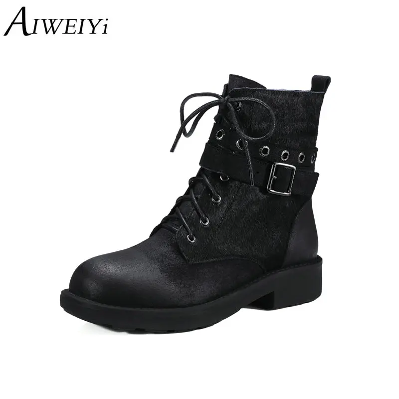 

AIWEIYi Horse Hair Ankle Boots For Women Square Low Heel Lace Up Shoes Women Genuine Leather Ankle Boots Martin Boots