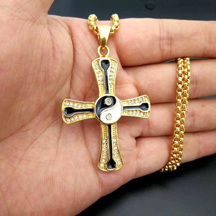 Stainless Steel Cross Pendants Necklaces Gold Color Bling Iced Out Hip