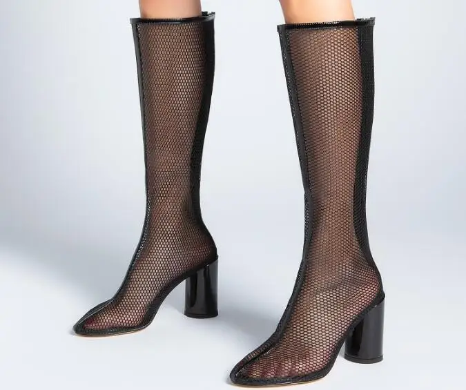 

Drop Shipping Summer Brand Woman Air Mesh Black White Round Toe Lace Transparent Zip Back Square Toe Knee High Long Boots