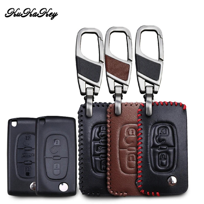 

KUKAKEY Leather Car Key Case Cover For Peugeot 107 206 207 208 306 307 308 407 408 508 RCZ Citroen C2 C3 C4 C5 Remote Key Shell