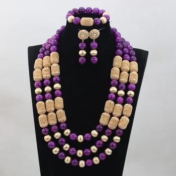 

Fantastic African Purple Beads Jewelry Sets Nigerian Wedding Jewelry Sets for Brides New Ceremony Jewelry 16 Color WD939