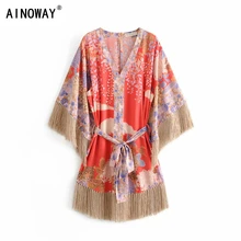 Винтажное шикарное женское платье с цветочным принтом, глубоким v-образным вырезом и поясом, богемное мини-платье для девушек, рукав летучая мышь, с кисточками, платья в стиле бохо, vestidos