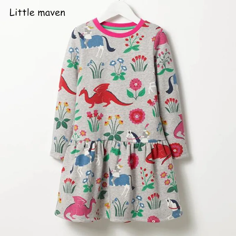 Little maven/детская брендовая одежда; осень г.; Новое поступление; Одежда для маленьких девочек; хлопковые платья с принтом динозавра для девочек; S0386