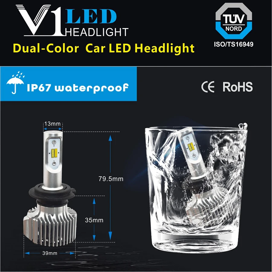 2 шт. 72 Вт 8000LM V1 двойной цвет H15 LED H4 H13 9004 9007 Автомобильная фара 3000 К желтый 6000 белый