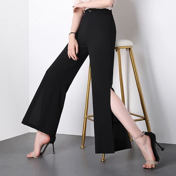 

2019 Summer Women Ladies Vintage Loose High Waist Long Trousers Chiffon Side Split Sexy Wide Leg Pants