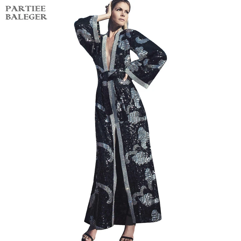 

2019 New Arrival Sexy Fashion Elegant Sequined Embellished Long Flared Sleeves With Belt V Neck Celebrity Party Club Long Coat