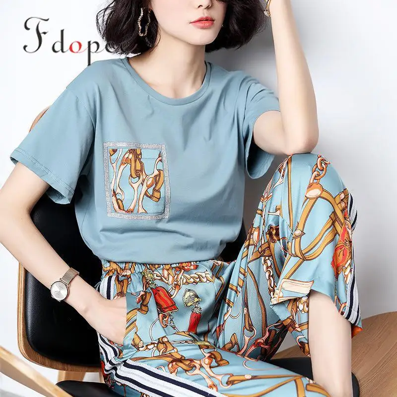 

2019 2 Piece Set Women Retro Fashion Casual Ladies Office Ol Design Printing Short Sleeve Elegant Elastic Waist Legged Two Suit
