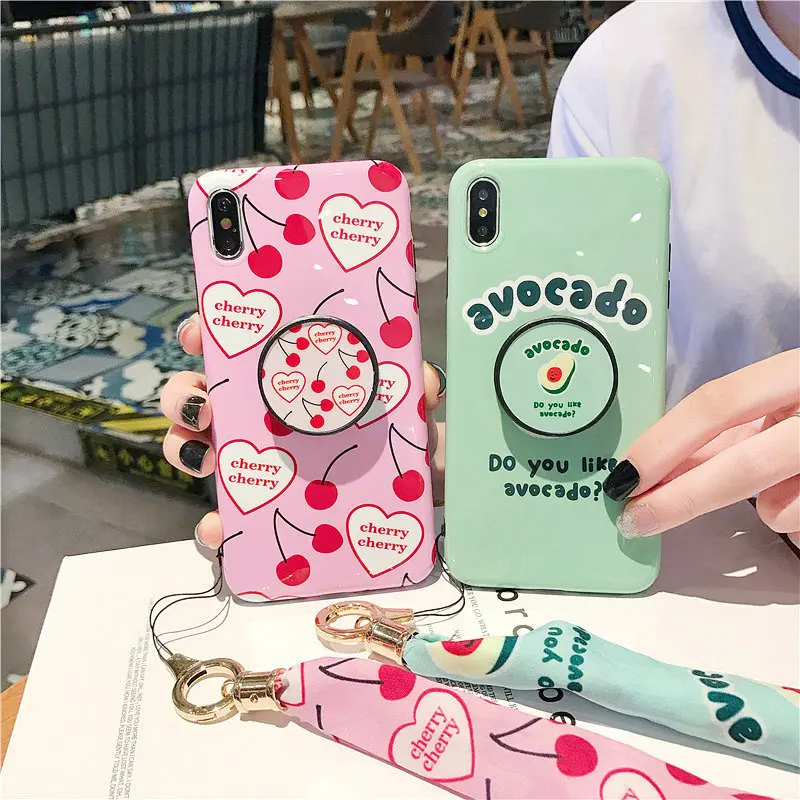 

Cherry Folding Stand case for iphone X XS Max XR 6 6s 7 8 Plus soft TPU cute summer fruits avocado grip holder case with lanyard