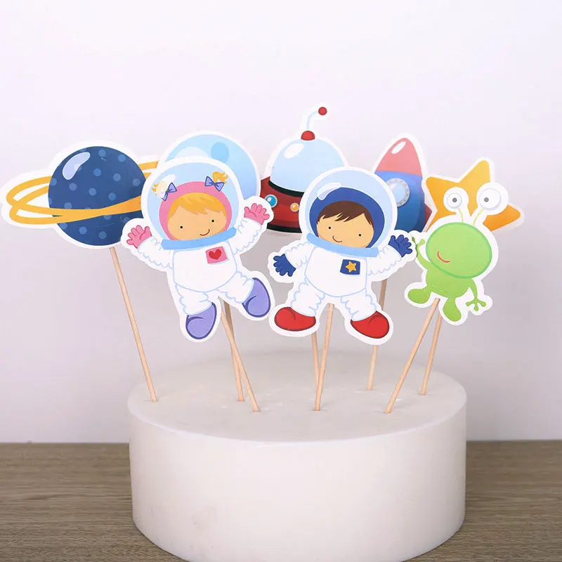 

8pcs/lot Astronaut Spacecraft Cake Toppers Paper Kids Birthday Party Dessert Table Decorating Supply Universe Baby Shower Boy