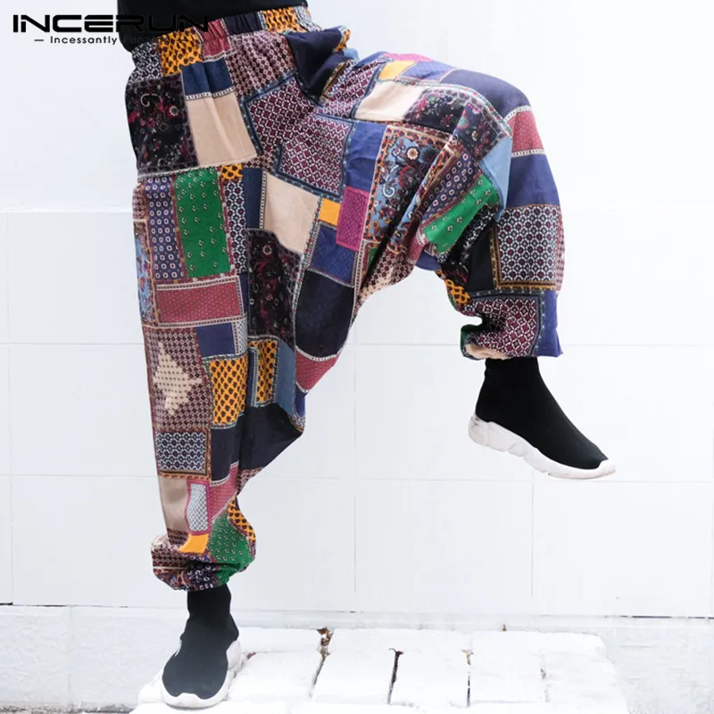 INCERUN размера плюс шаровары мужские штаны непальского типа мешковатые брюки с низким шаговым швом свободные широкие брюки хип-хоп эластичные талии спортивные штаны