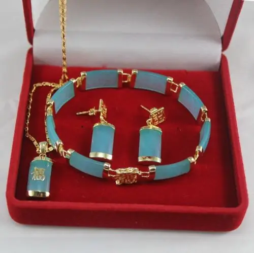 

-new Style-@> -hot 00724 Fine Blue jade pendant necklace bracelet earrings sets Natural jewelry