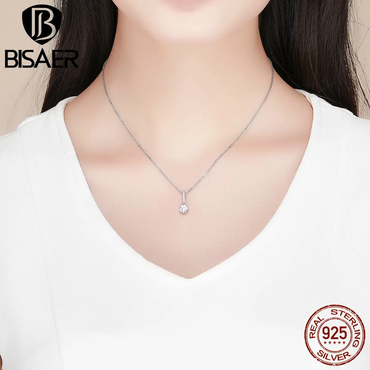 

BISAER Pendant Necklace 925 Sterling Silver Clear CZ Minimalist Chain Necklace Silver Women's chain Luxury Fine Jewely HSN295