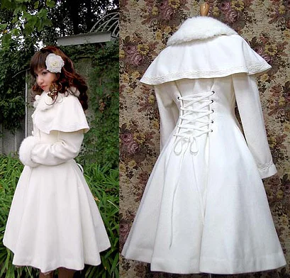 

2018New Winter Coat Snow White Lolita Fury Cape Woolen Dress Retro Princess Cross tied waist Double-breasted Halloween for women