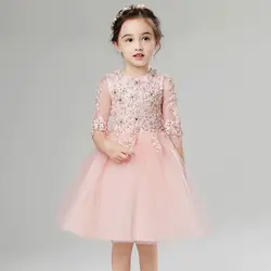 2017new элегантные Детские Обувь для девочек милые Кружево Платья для женщин Твердые Розовый Серый Цвет o-образным вырезом бальное растут