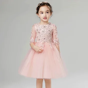 

2017New Elegant Children Girls Sweet Cute Lace Dresses Solid Pink Grey Color O-Neck Ball Grow Party Princess Baby Kids Clothes