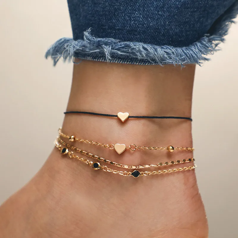 Simple Multi Layer Heart Resin Anklets Bracelets Charm Black Color Rope Chain For Women Party Gift Bracelet Cheville | Украшения и