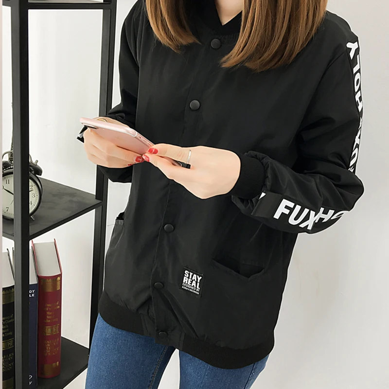 Woemns Jacket Spring Autumn New Women Bomber Jackets Print Casual Coat Female O-Neck Pockets Basic Jackets Korean Style