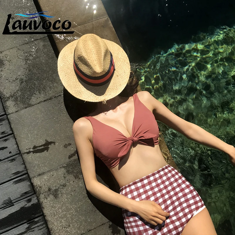 

Sexy Deep V Plaid Bikini Set Women's Two Piece High Waist Vintage Girls Swim Bathing Suit Girls Swimwear Brazilian Micro Bikini