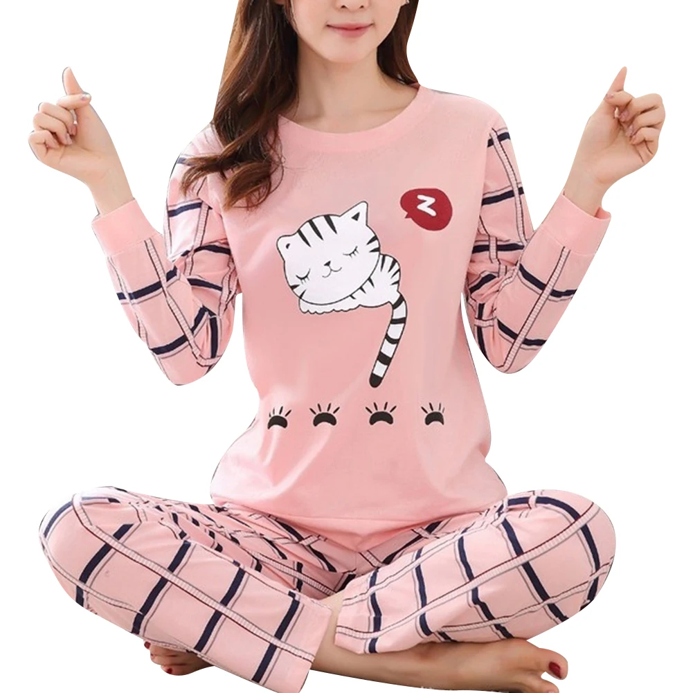 Зимняя Милая пижама с принтом кота из мультфильма с длинным рукавом из двух частей Домашняя одежда женские повседневные пижамы с круглым вырезом шеи