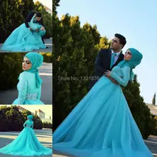 Light blue lace long prom dresses 2015 abaya in dubai kaftan elegant long sleeve evening dresses with hijab crystal party gowns