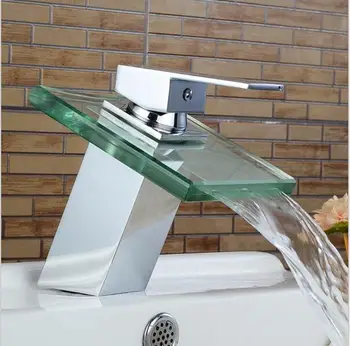 

Free Shipping Brand New Waterfall Glass Spout Bathroom Sink Basin Faucet Chrome Finish Square Mixers Water TapsQX9014