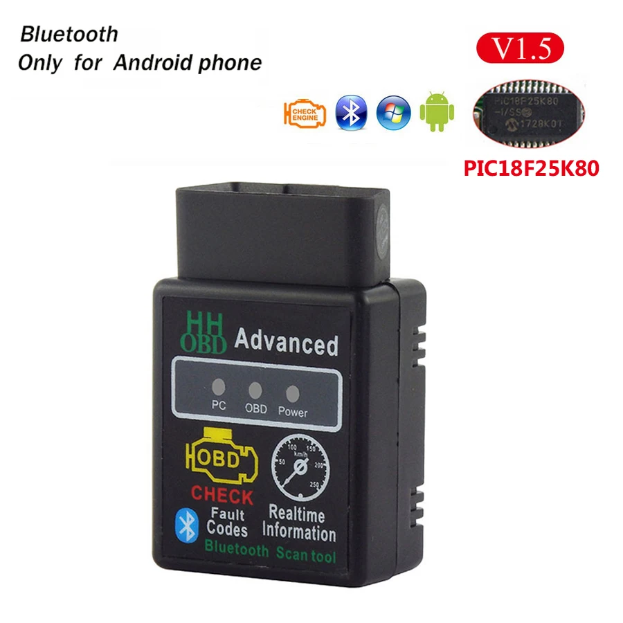 PANDUK Мини OBD2 ELM327 V1.5/V2.1 Bluetooth/wifi автомобильный диагностический инструмент чип PIC18F25K80 OBD код ридер работает Android/IOS 12 в автомобиль - Цвет: Bluetooth V1.5 Black