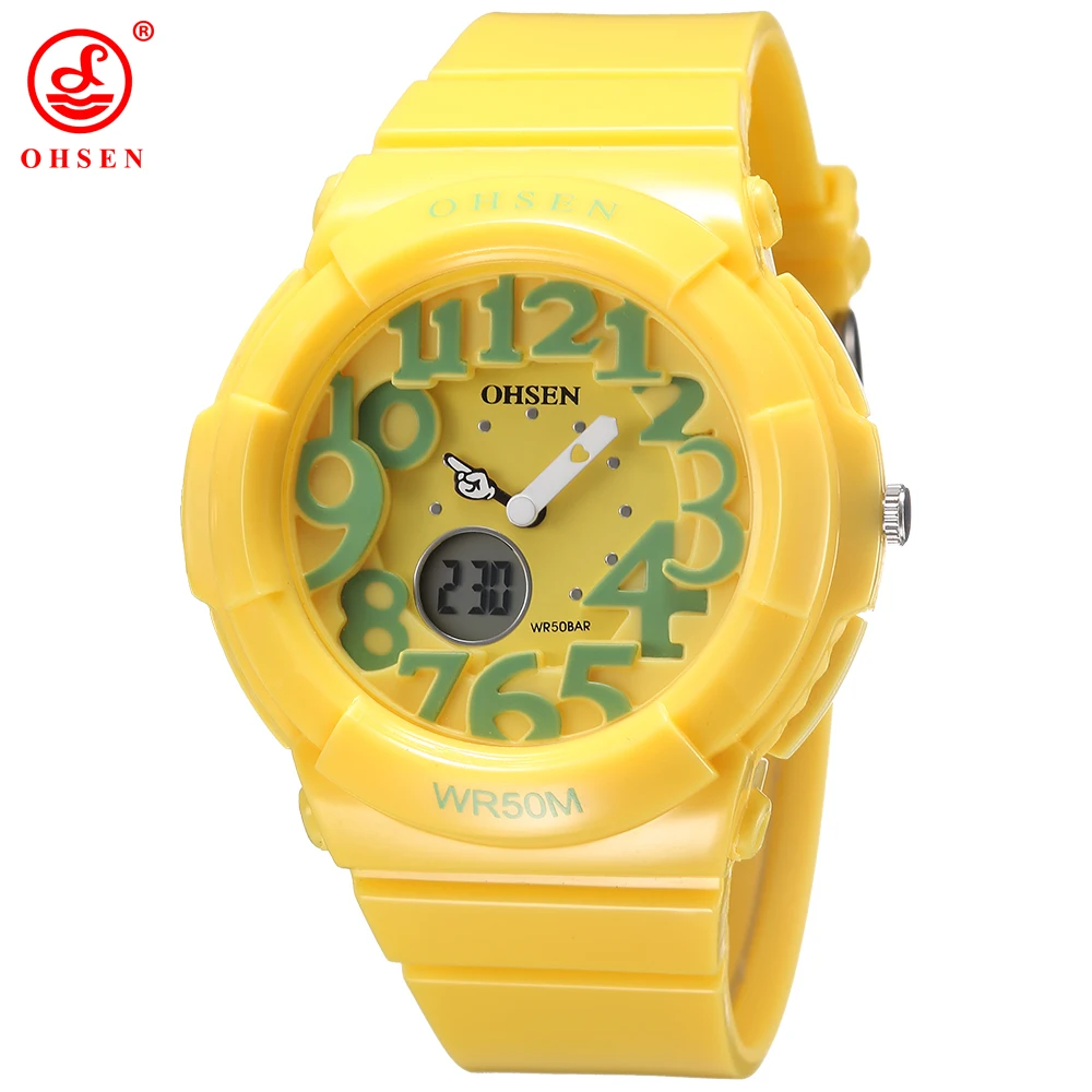 

New 2016 OHSEN digital quartz kids boys fashion sports wristwatch rubber band 30M waterproof yellow cartoon cute children watch