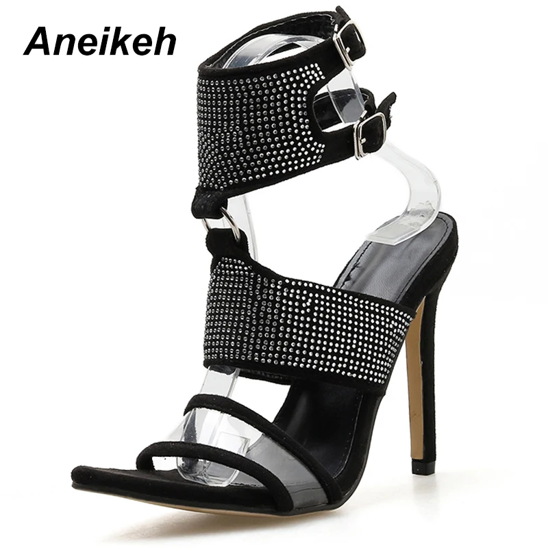 

Aneikeh 2019 Summer New Sexy Gladiator High Heels Sandals Crystal Shallow Mouth High Heel Pointed Feet Bare Buckle Women Shoes