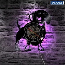 Dachshund, iluminación de pared de vinilo para perros, Vintage LP, reloj de grabación, luces LED hechas a mano, decoración artística, regalo para amantes de los perros