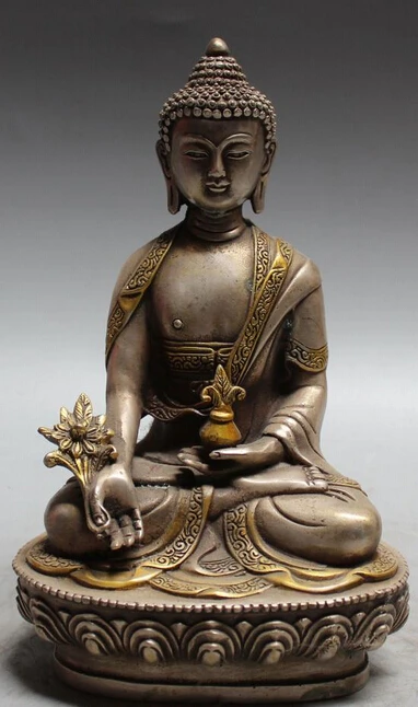 

8" Tibet Tibetan Buddhist Silver Gilt Menla Medicine Shakyamuni Buddha Statue R0707 Discount 35%