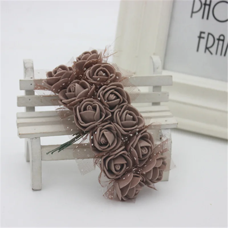 12 шт. Дешевые DIY Мини розы, искусственные цветы кружева свадебное украшение цветок пена ручной материал кольца - Цвет: Brown
