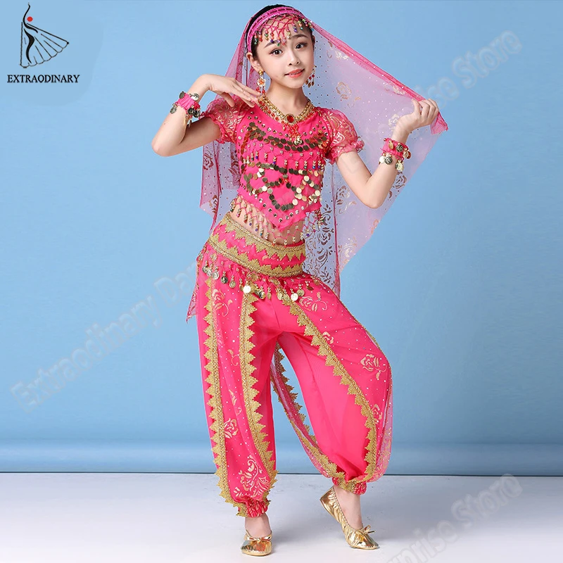 

Indian belly dance costume children bollywood Girls dance clothing set kids (headpieces veil top belt pants necklace earing)