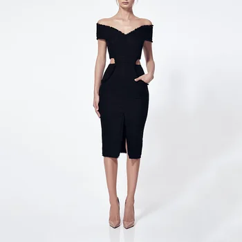 

Off The Shoulder Slash Neck Black Knee Length Split Bandage Dress Party Dress