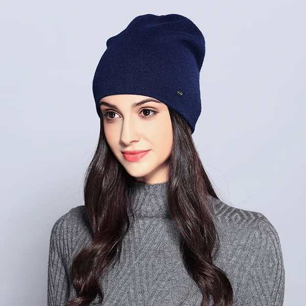 Повседневные женские шапки, шерстяные женские вязаные шапки для осенне-зимнего сезона, брендовые новые двухслойные толстые вязаные шапочки для девочек# MZ725 - Цвет: Navy Blue