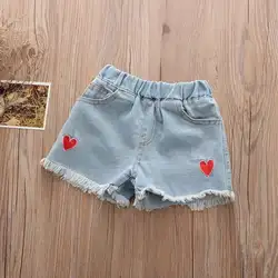 Стильные детские джинсовые шорты для маленьких девочек короткие штаны вышитые Love Heart Форма хлопковые шорты для детей летние детские шорты