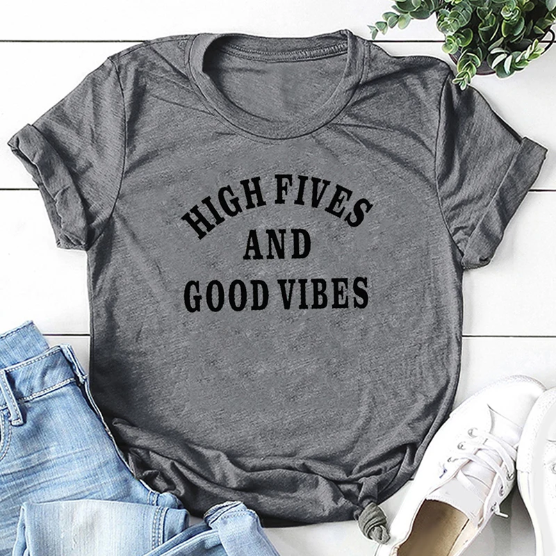 Футболки с надписью «High five and good vibes chirst faith Believe blessed», хлопок, футболки с круглым вырезом и коротким рукавом, милый забавный Топ, женская футболка - Цвет: Gris