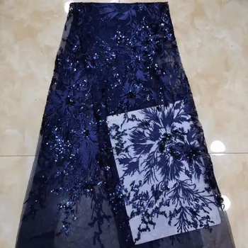 

nvey blue Sequins Net Lace Fabric 2019 High Quality African Mesh Wedding Bride Dress Sewing Sequined Embroidered Material