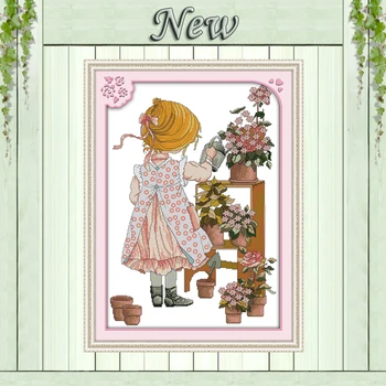 

The watering girl flowers paintings counted printed on canvas DMC 11CT 14CT kits chinese Cross Stitch embroidery needlework Sets