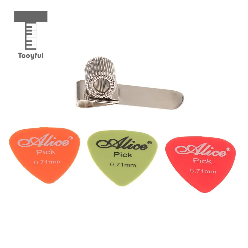 Tooyful 1 Set 3Pcs 0.71mm Guitar Bass Plectrums Finger Picks with 1Pc Spring Pick Holder Organiser Musical Instrument Accessory