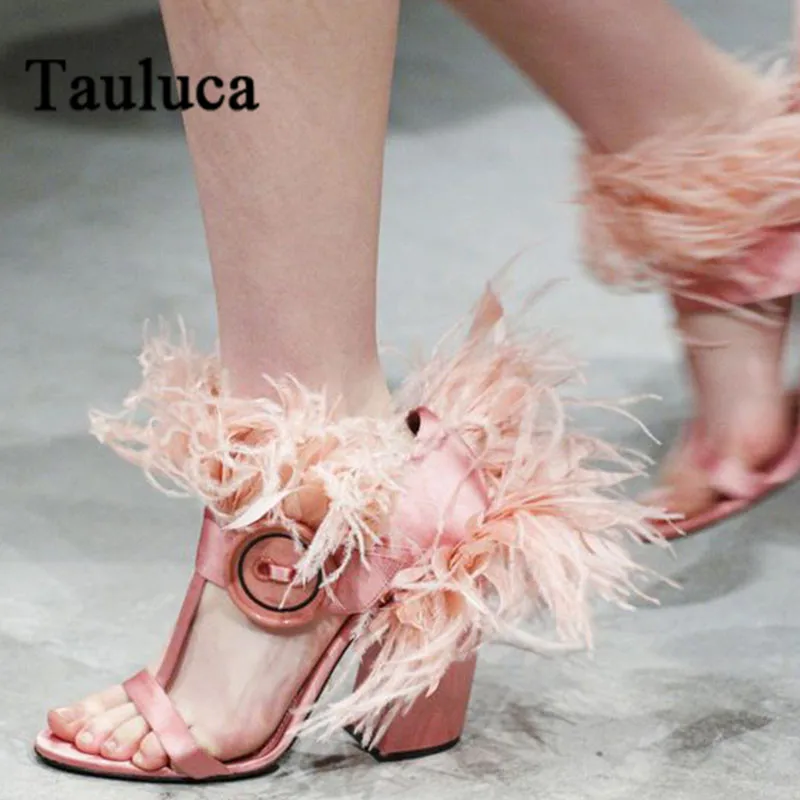 

Summer Female Europe And United States Thick High Heel Sandals Feather Big Button Hollow Show Model Stage Shoes Big Size 41 42