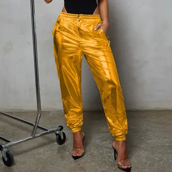 

BKLD Women 2019 New High Waist PU Leather Pants Gold Silver Red Female Loose Harem Pants Elastic Waist Pants Trousers Women