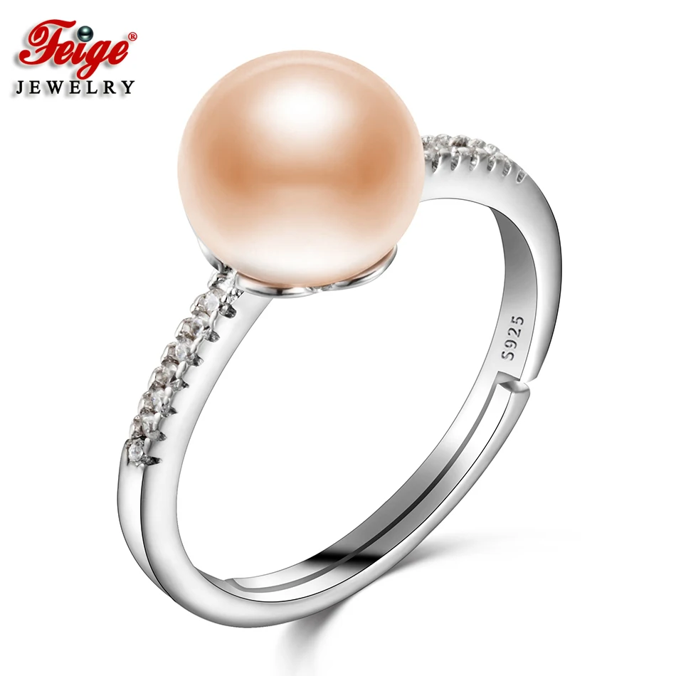 Фейге классические жемчуг кольцо подлинной 925 стерлингового серебра кубический циркон кольцо для Для женщин 9-10 мм розовый пресной воды