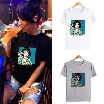 

Showtly Kawaii girl print T-shirt Summer casual short-sleeve simple Female top tee Korean style 3 color female clothes ropa muje