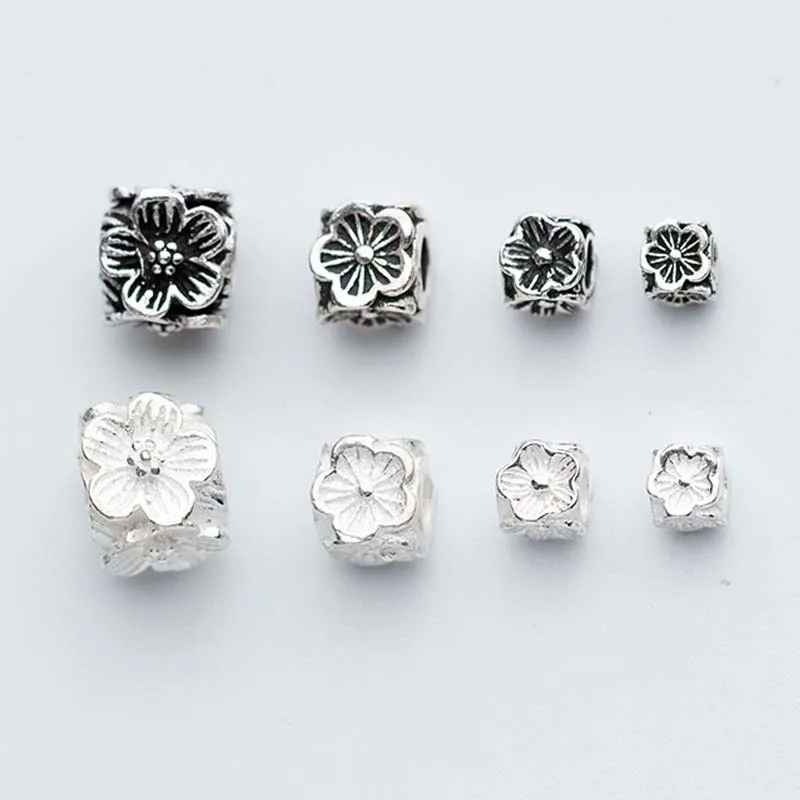 

925 Sterling Silver Craft Flower Carved Square Spacer Beads 4mm 5mm 6mm 8mm Decoration Big Hole Charm Beads DIY Jewelry Making