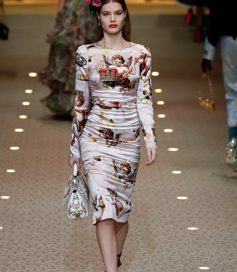 2019 Spring Runway Designer Bodycon Dress WOmen Angle Printed Midi 