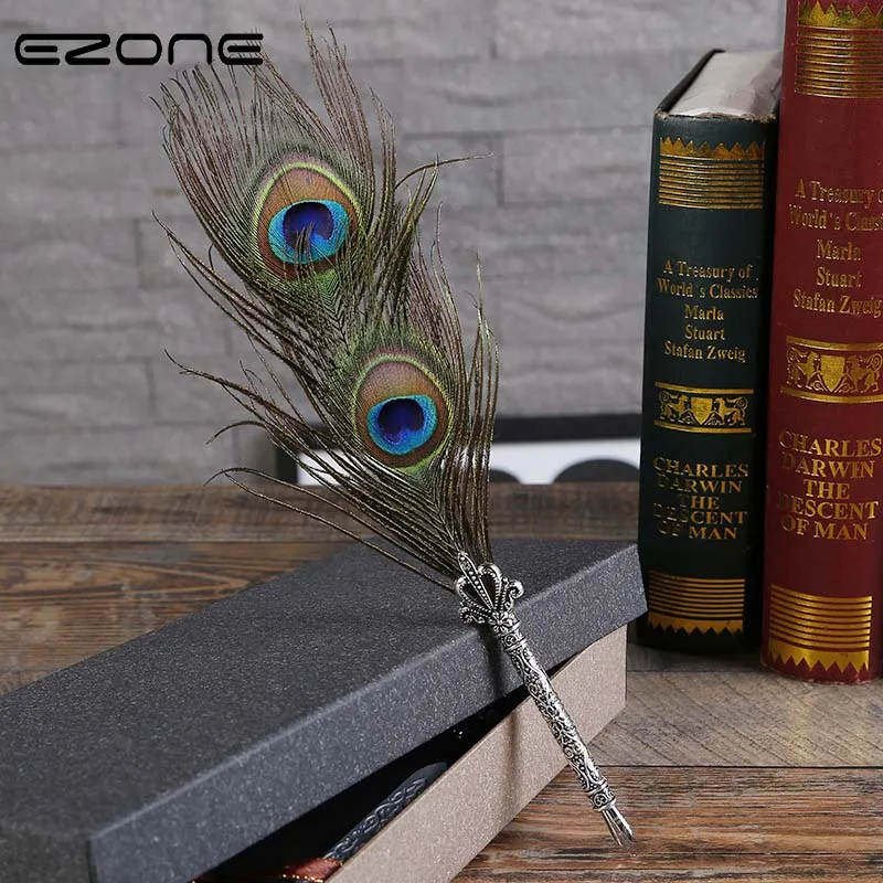 

EZONE Vintage Feather Fountain Pen Stainless Steel Writing For Stationery Gift Box Wedding Gift Fountain Pen Birthday Supply