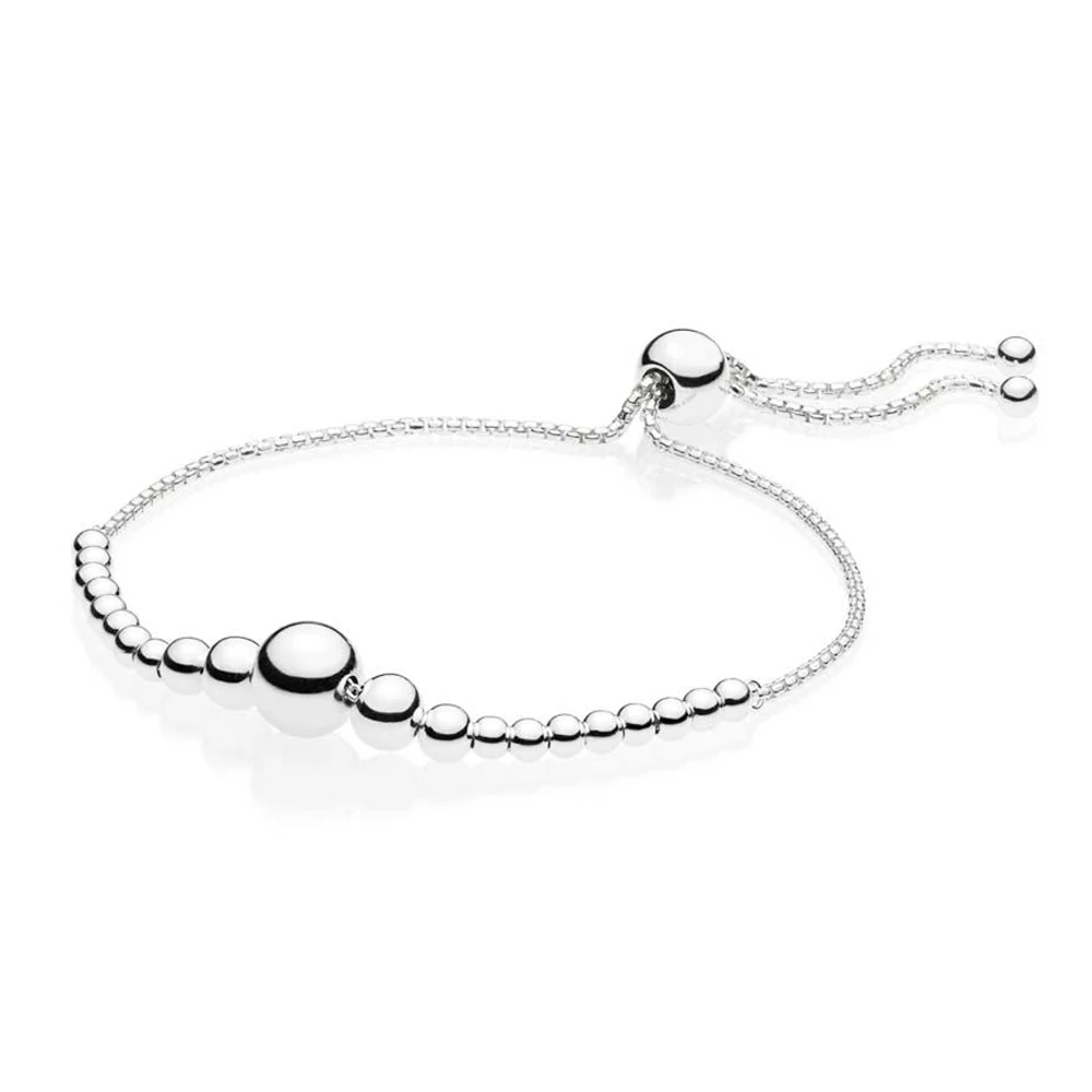 

Newest 100% 925 Sterling Silver String of Beads Sliding Bracelet Charm Fit European DIY Adjustable Beaded Bangle Jewelry Gift